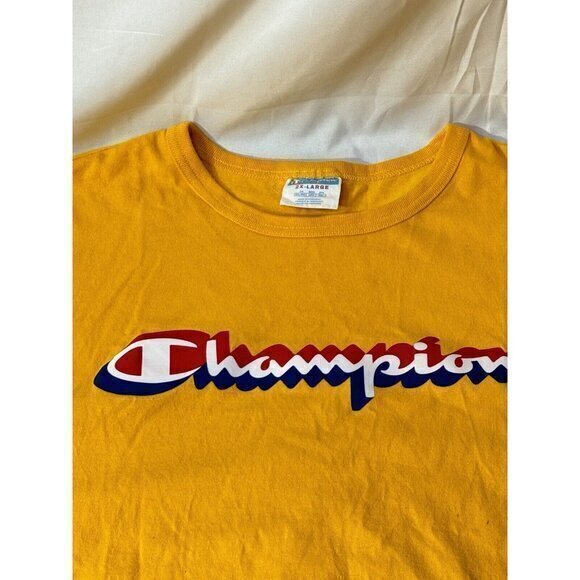 Vtg 80’s Champion Shawdow Spellout T-Shirt 2XLarge Yellow EUC Red White Blue - Picture 3 of 5